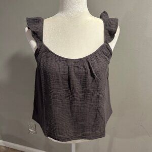 NWT Monrow Ruffle Tank Top Muslin Shirt Grey Medium 100% Cotton NEW